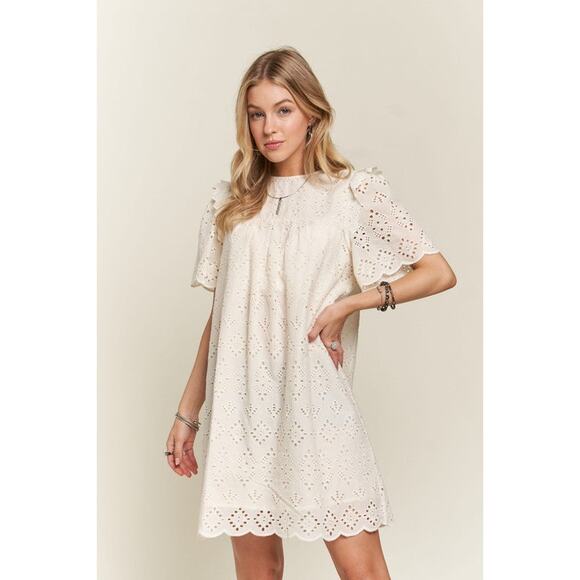 ADORA Ruffle Shoulder Eyelet Round Neck Scallop Edge Detail Mini Dress | Natural - Picture 5 of 8